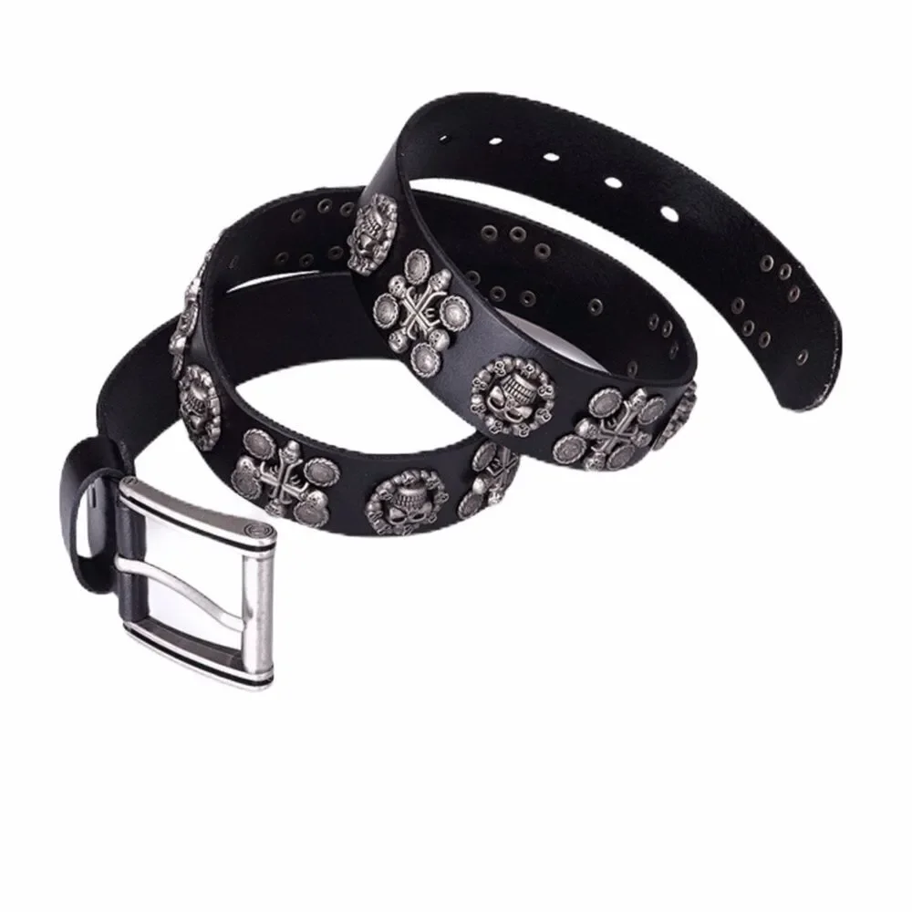 Black Genuine Leather Studded Brush Nickel Skulls Biker Moto Belt NEW